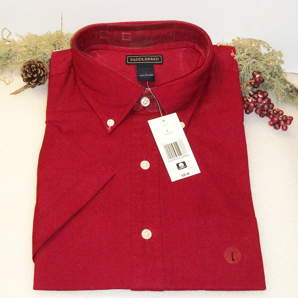 ❄️HP❄️SADDLEBRED Sz L Men's Button Down Shirt NWT Red Short Sleeve 100% Cotton